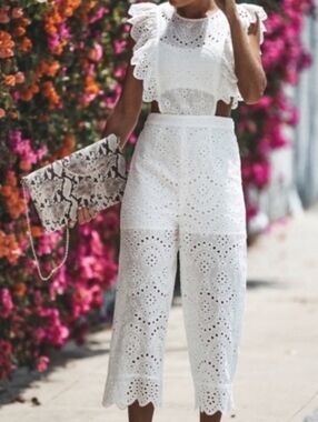 Women's White Eyelet Two-Piece Jumpsuit